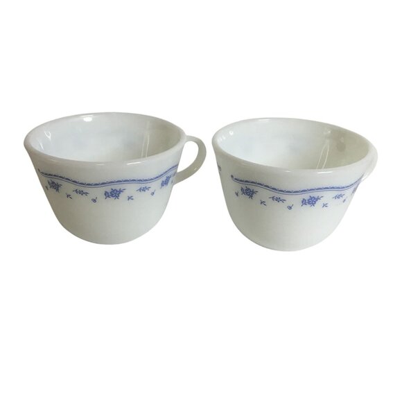VTG Pyrex Morning Blue Mugs Set of 2 White Milk Glass Floral USA Cups - Picture 2 of 4
